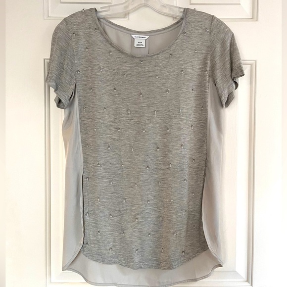 Club Monaco Jewel Embellished Mixed Media Tee XS Heather Grey - Picture 2 of 12